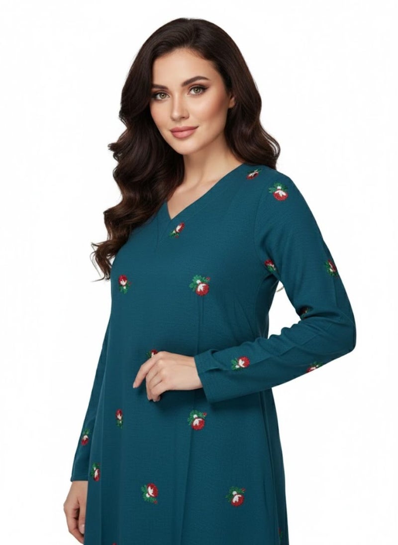 بريميم جلابية نسائية ماكسي بلون أخضر مخضر بطبعة براعم الورد - جلابية رمضان - بياقة على شكل حرف V، وأكمام طويلة، وقماش محبوك ناعم مطاطي، ونقشة زهور بسيطة - Image 3